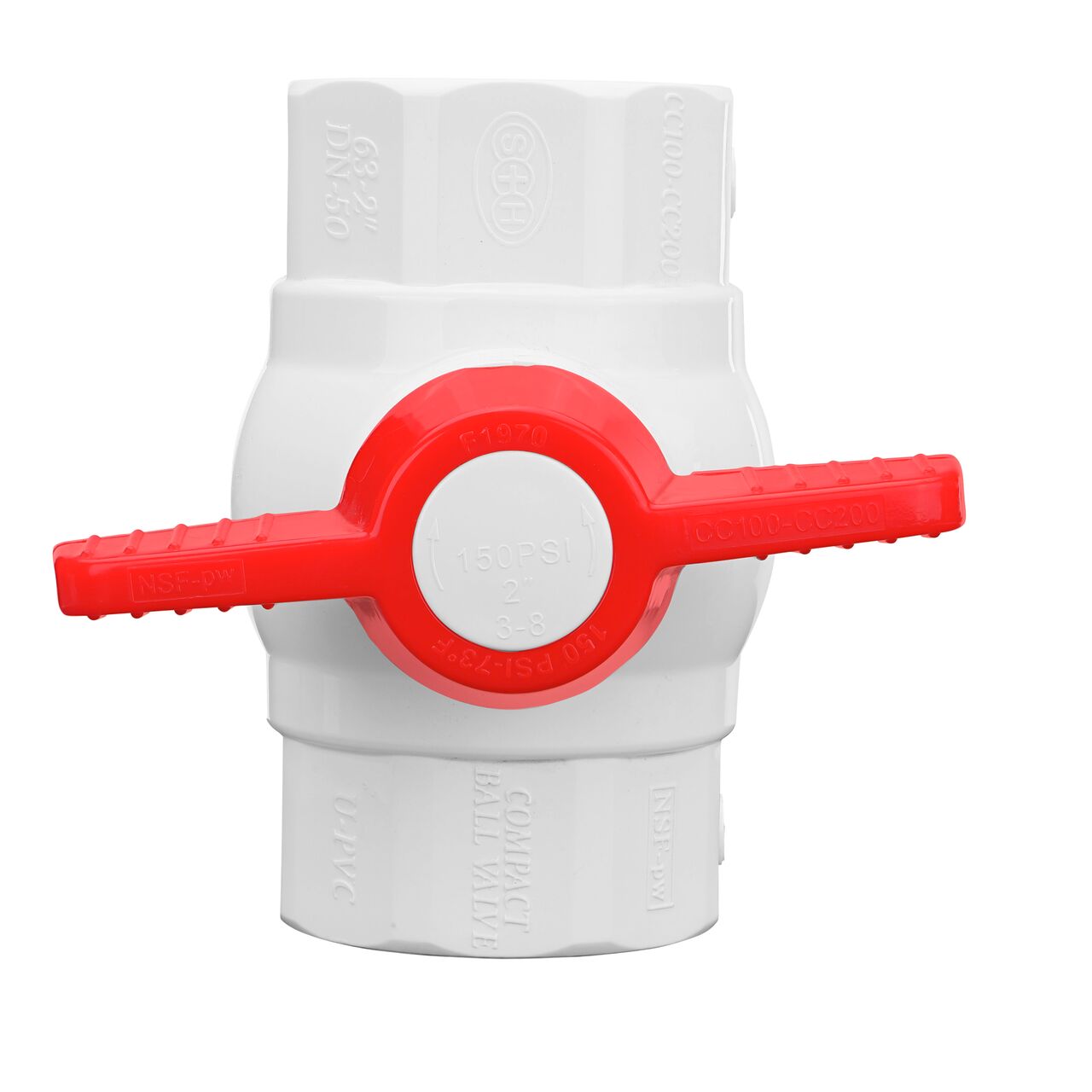 Closeup of the NDS IPS Ball Valve showing that the handle is made of durable PVC material perfect for irrigation or other pressurized system (NDS E1420-20)