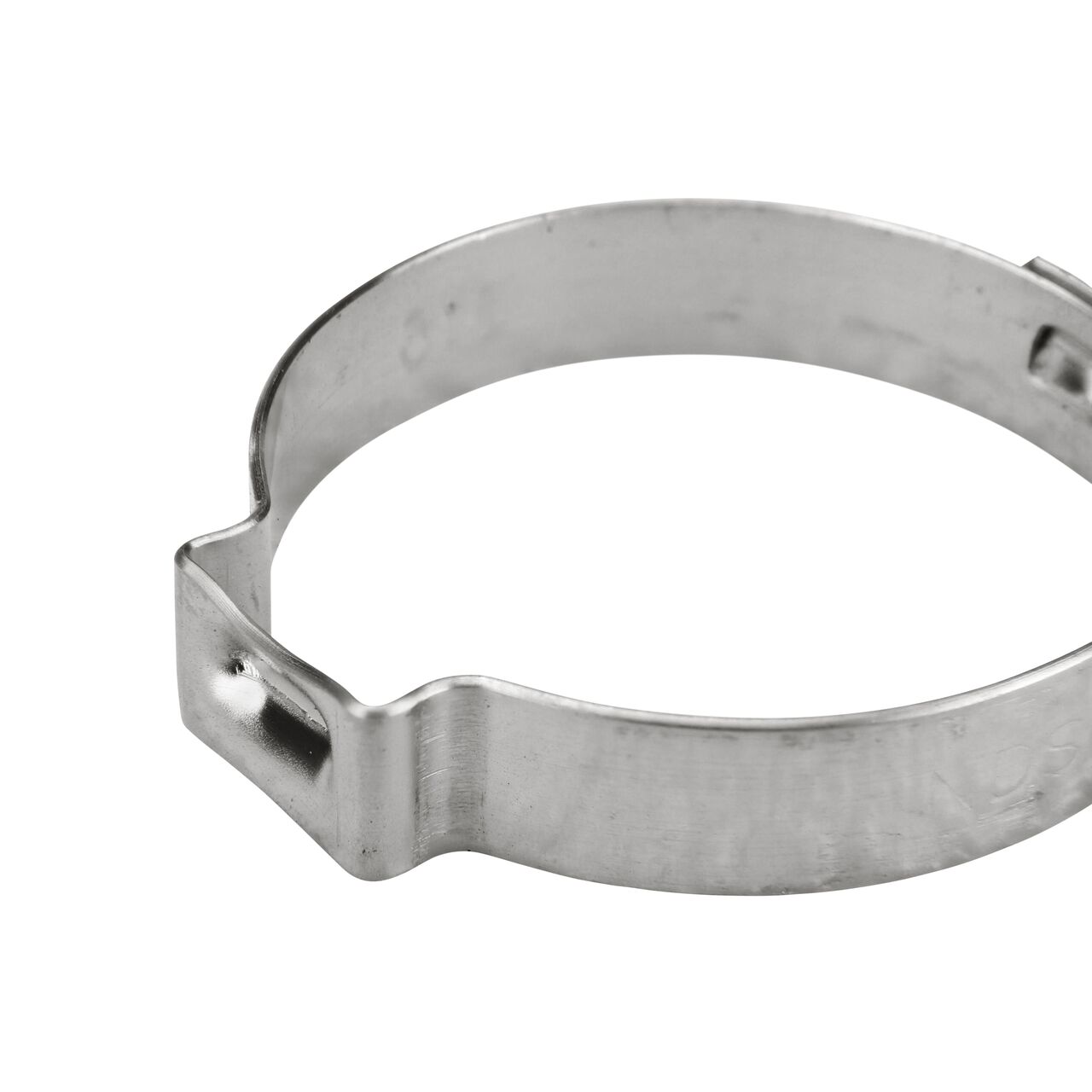 Closeup of the pinch clamp ear end on the NDS 316R Stainless Steel Pinch Clamp (NDS NC155000-019) which bends to confirm a secure, permanent closure.