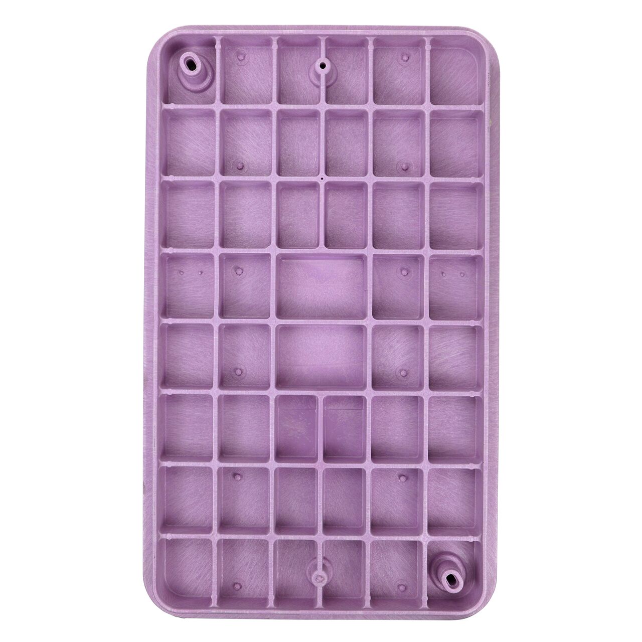 Top down view of the underside side of the Purple Water cover (NDS 326PBCBR) for the NDS 17 in. X 30 in. Rectangular Pro-Spec® Series valve box, showing reinforcing ribs that are load rated to withstand pedestrian traffic and the rigors of lawn care equipment