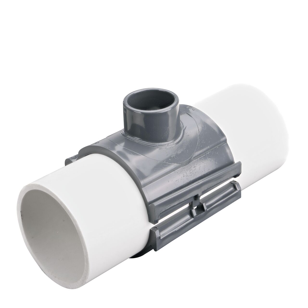 The NDS Clamp-It™ Rigid PVC Saddle with 1-1/2 in. slip connection on top (NDS 454015) clamps onto 4 in. PVC pipe