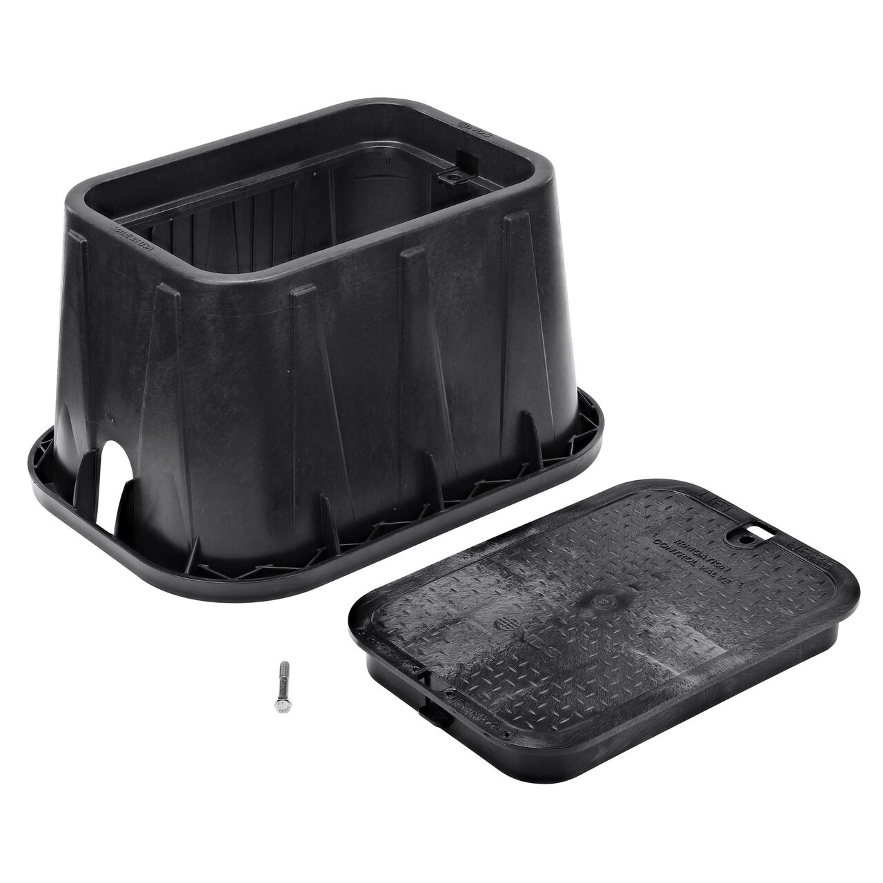Unassembled View of the NDS 14 X 19 in. Black Rectangular Pro-Spec® Series valve box, bolt, and Black Irrigation Control Valve overlapping cover (NDS 313BCBBLK) with universal locking mechanism enabling a variety of bolts and screws to be used to secure the covers.
