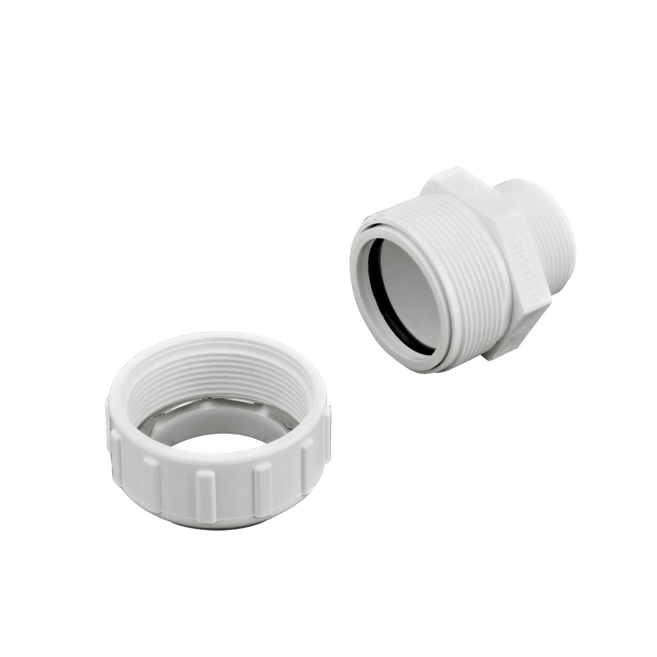 Unassembled NDS 1-1/2 in. Flo-Lock™ Gripper Adapter showing where the two ends come apart to secure the adapter to the pipe (NDS 135-15)