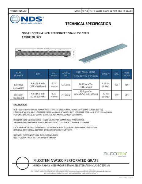 NDS BG-FILCOTEN® 100 Trench Drain Grate Perforated Design Stainless Steel Tech Spec