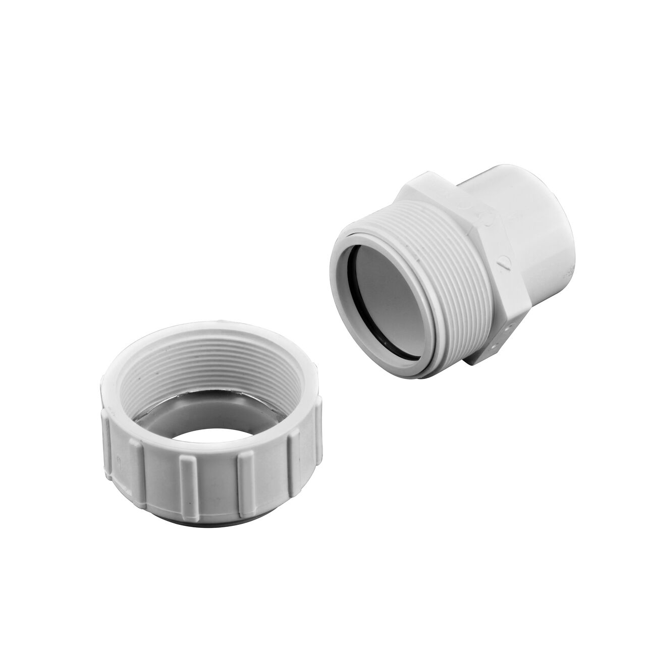 Unassembled NDS 2 in. IPS Spigot X 2 in. SDR-9 CTS Flo-Lock™ Gripper Adapter showing where the two ends come apart to secure the adapter to the pipe (NDS 733-20)