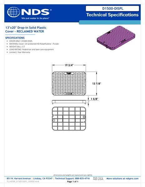 NDS 13 in. X 20 in. Rectangular D1500 Meter Box Drop-in Cover, Purple Reclaimed Water Meter Tech Spec