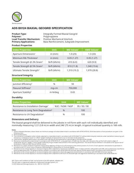 ADS BX124 Geogrid Geosynthetic Specification