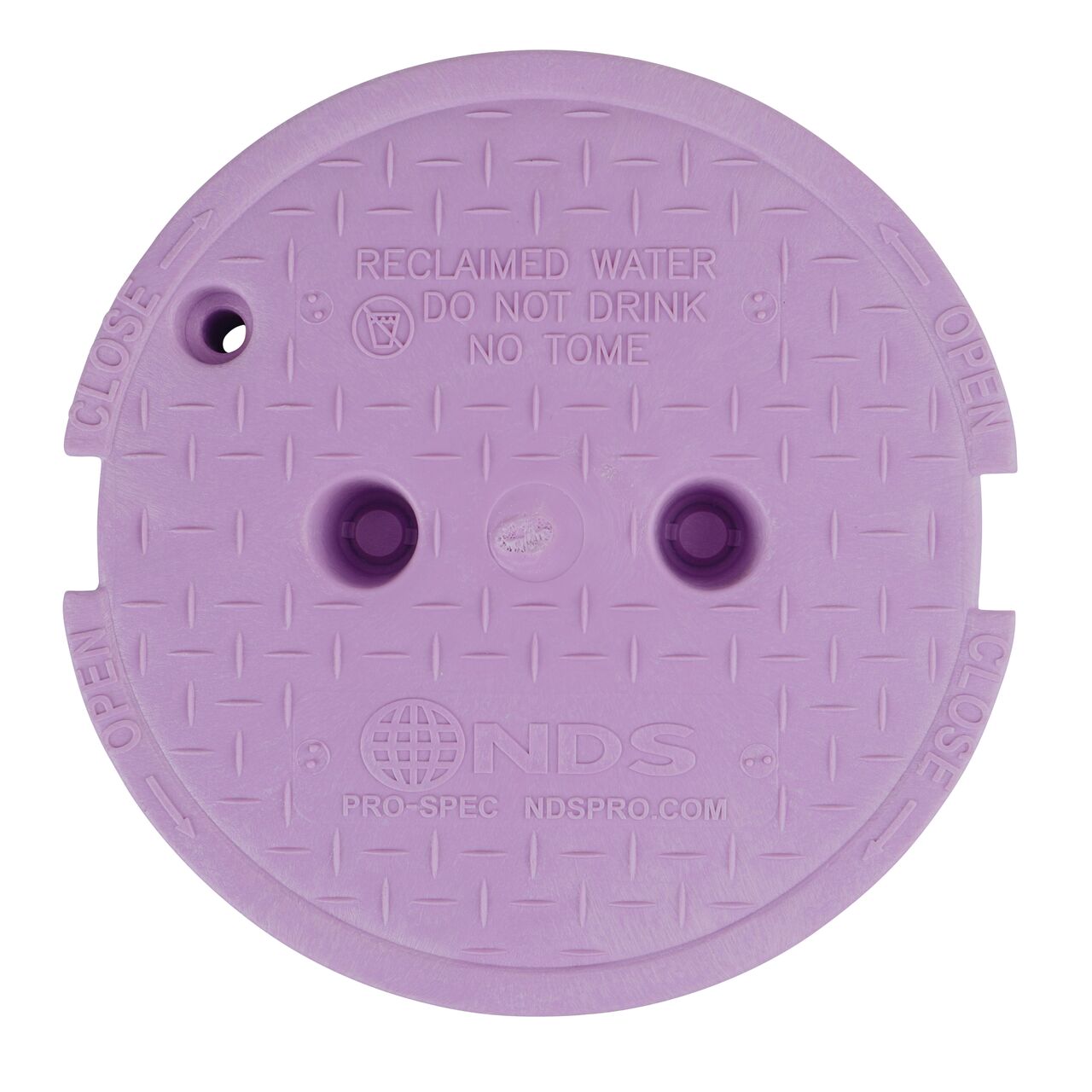 Top down view of the top side of the purple reclaimed water cover for the NDS 10 in. Round Pro-Spec® Series (NDS 312PBCR) shows markings, two finger slots to twist and remove lid