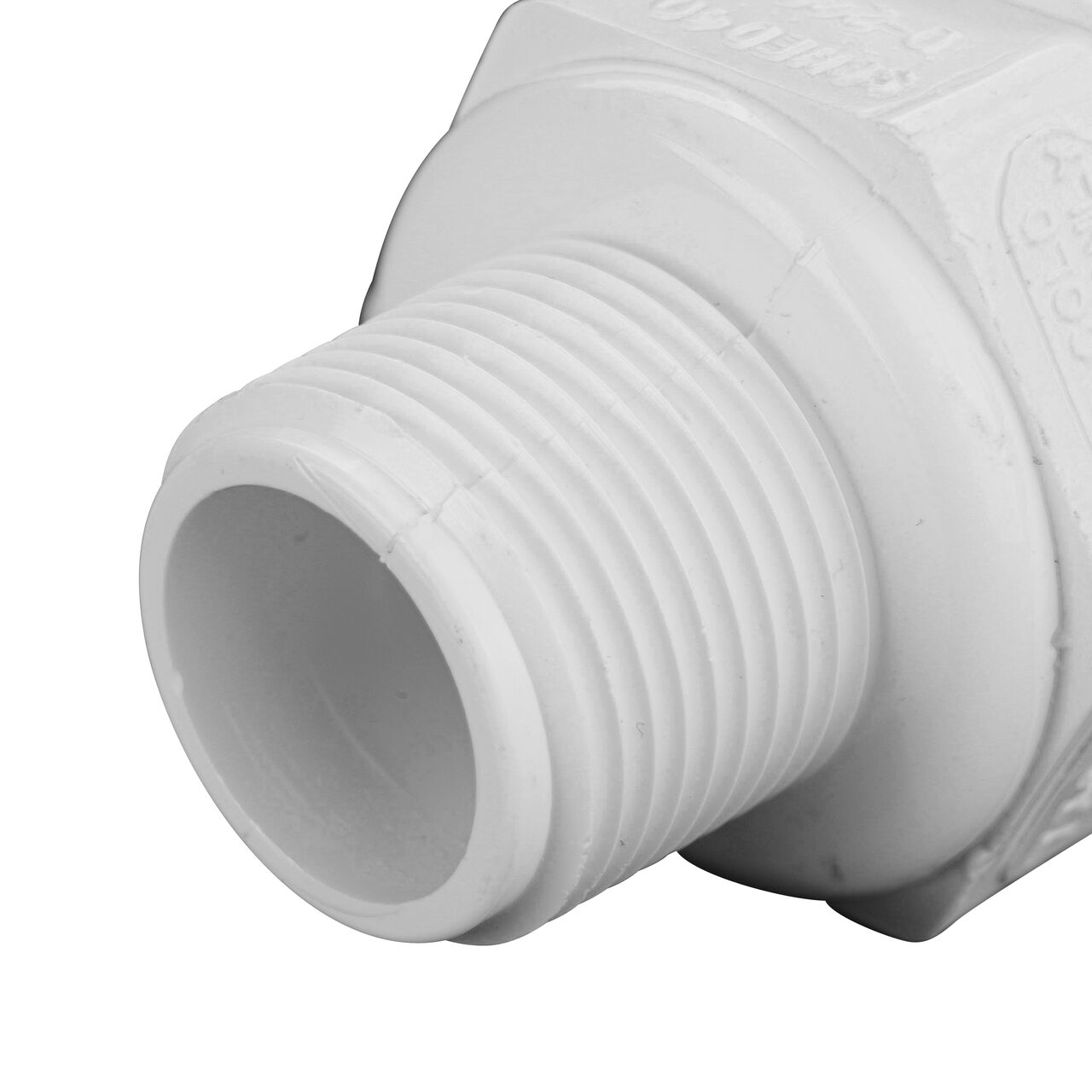 Closeup of the Threaded CTS MPT connection end on the NDS Flo-Lock™ PVC Gripper Adapter, 1 in. CTS X 1 in. CTS MPT (NDS 235-10)