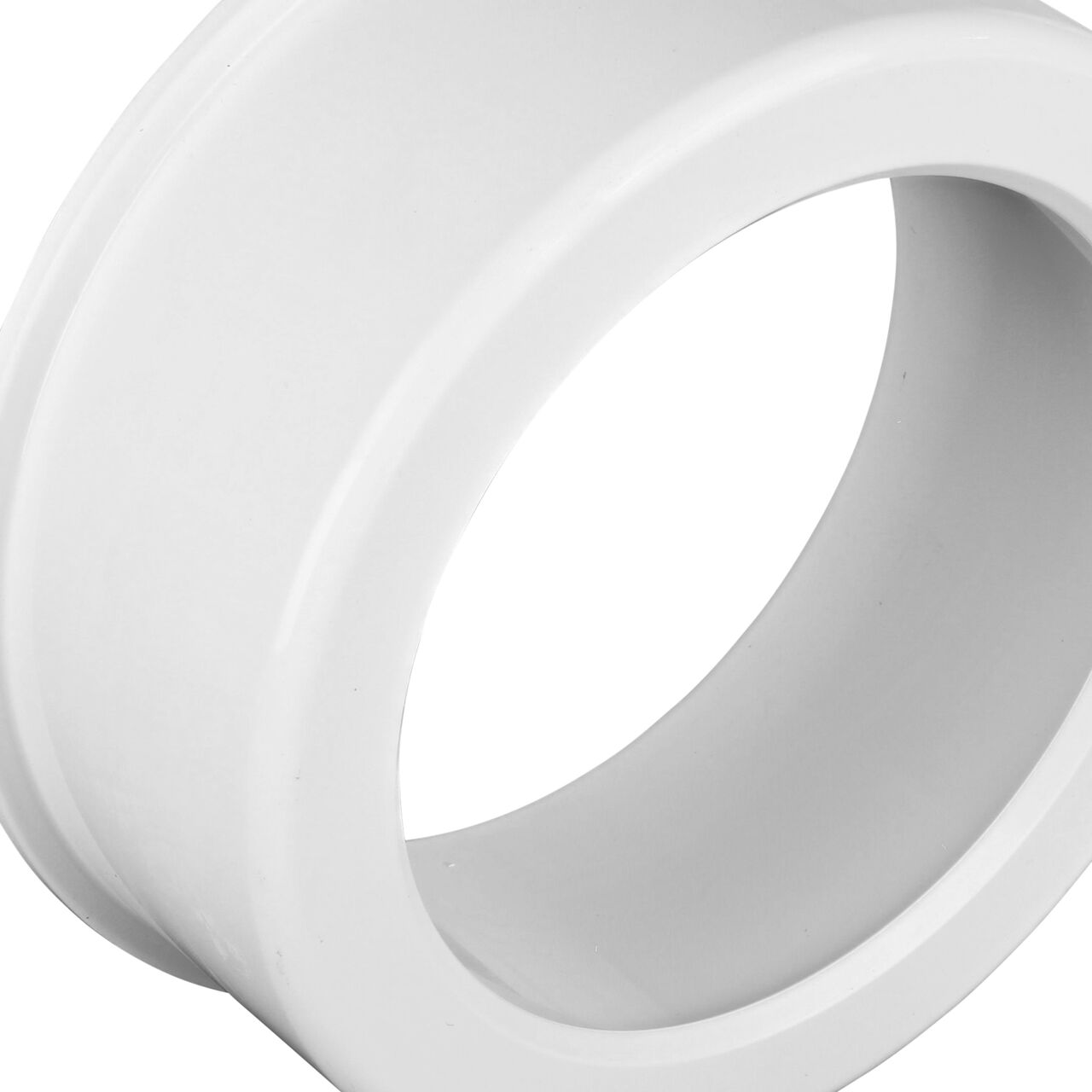 Closeup of the lipped opening of the PVC increaser/reducer bushing, connects 3 in. Sewer and Drain Spt to 4 in. S&D Hub (NDS 3P07, NDS M3P07)