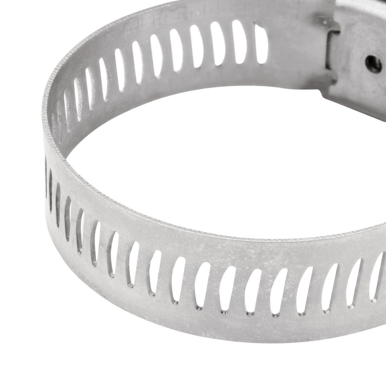 Closeup view of the arcial perforated slots in band for added strength and smoother engagement on the NDS SAE 20 Worm Drive Hose Clamp with Aero Seal 1/2 in. band width (NDS 64020H)