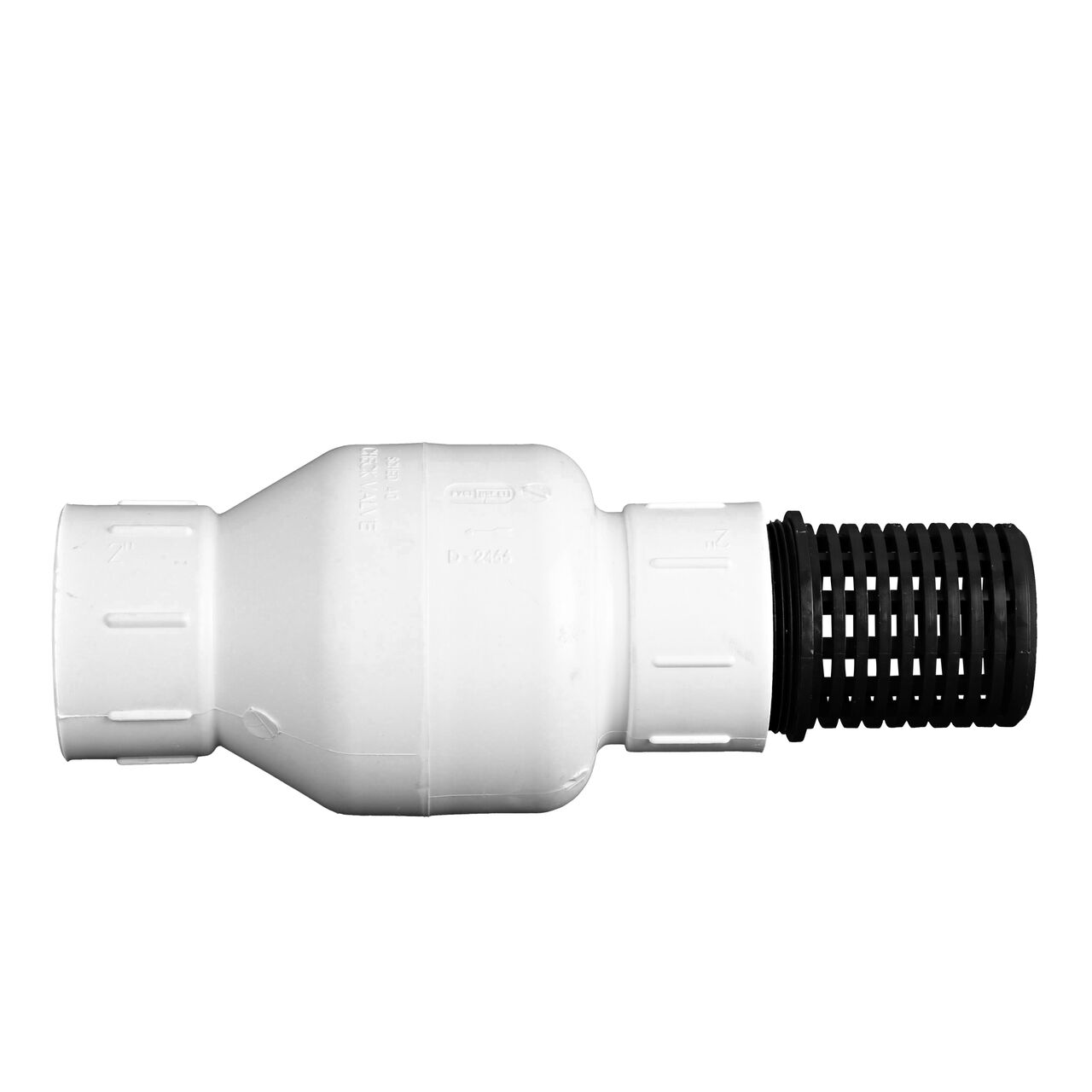 Side to side view of the NDS 2 in. IPS Female Threaded PVC Foot Valve (NDS 1001-20FV)