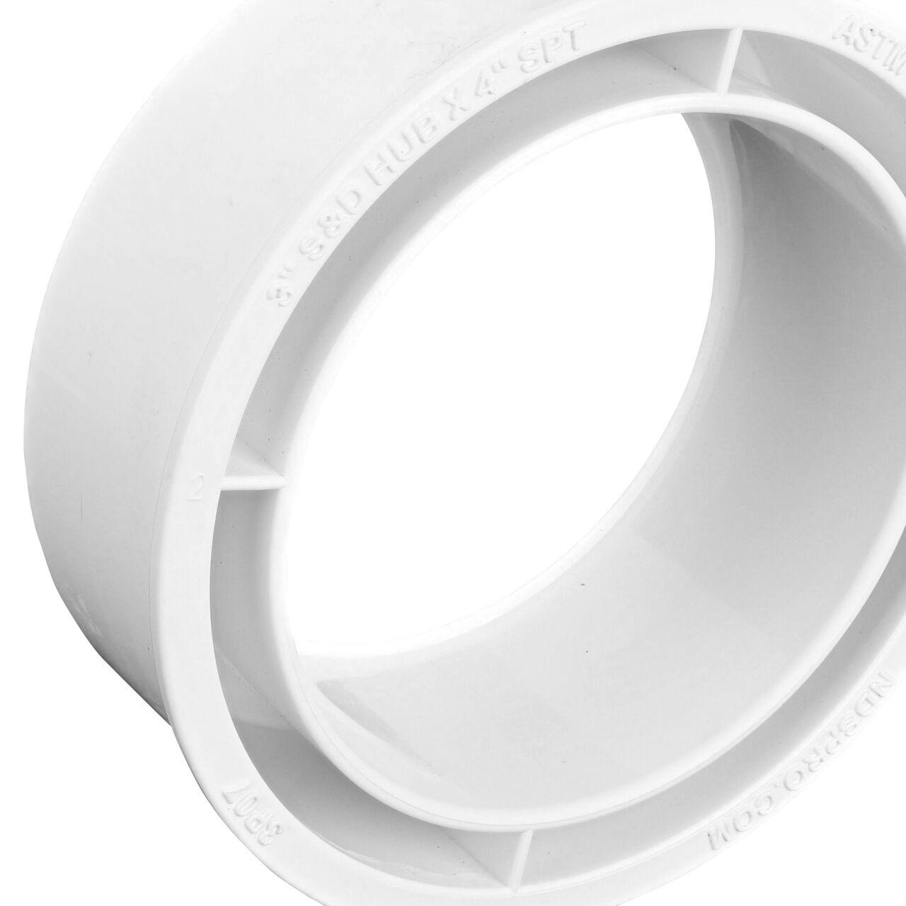 Closeup of the flat end of the PVC increaser/reducer bushing, connects 3 in. Sewer and Drain Spt to 4 in. S&D Hub (NDS 3P07, NDS M3P07)