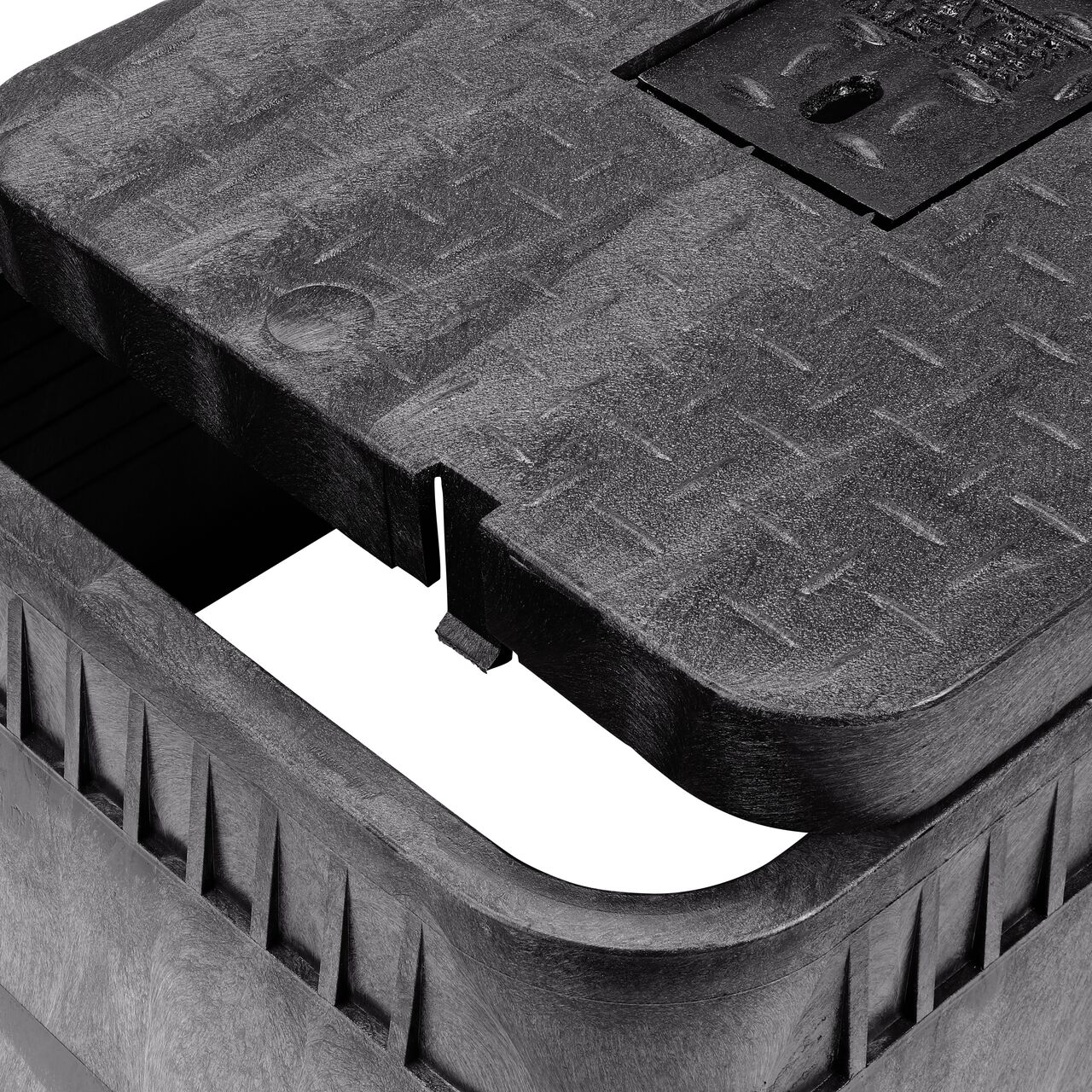 Align the latch on the lid with the latch from the NDS 13 in. X 20 in. Rectangular Standard Series Black Meter Box and Black Water Meter Cover (NDS D1500-DICIR) for a secure fit