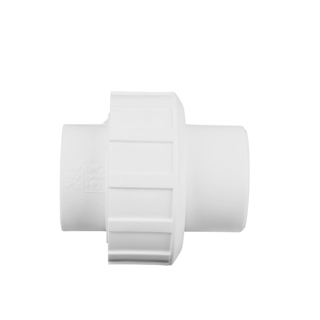 Side view of PVC Union, 3/4 in. Sch. 40 S X S showing two slip ends that slide onto Sch. 40 pipe ends (NDS WU-0750-S)