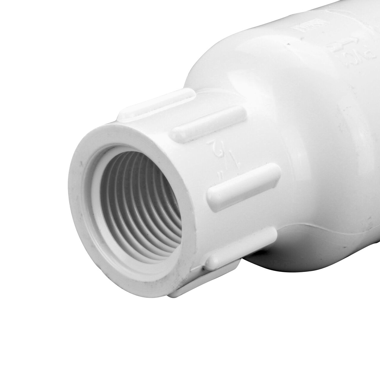 Closeup of one threaded end of the NDS White 1/2 in. IPS FPT X FPT PVC Adjustable Spring Check Valve with 2-5 lb. Spring (NDS 1205-05)