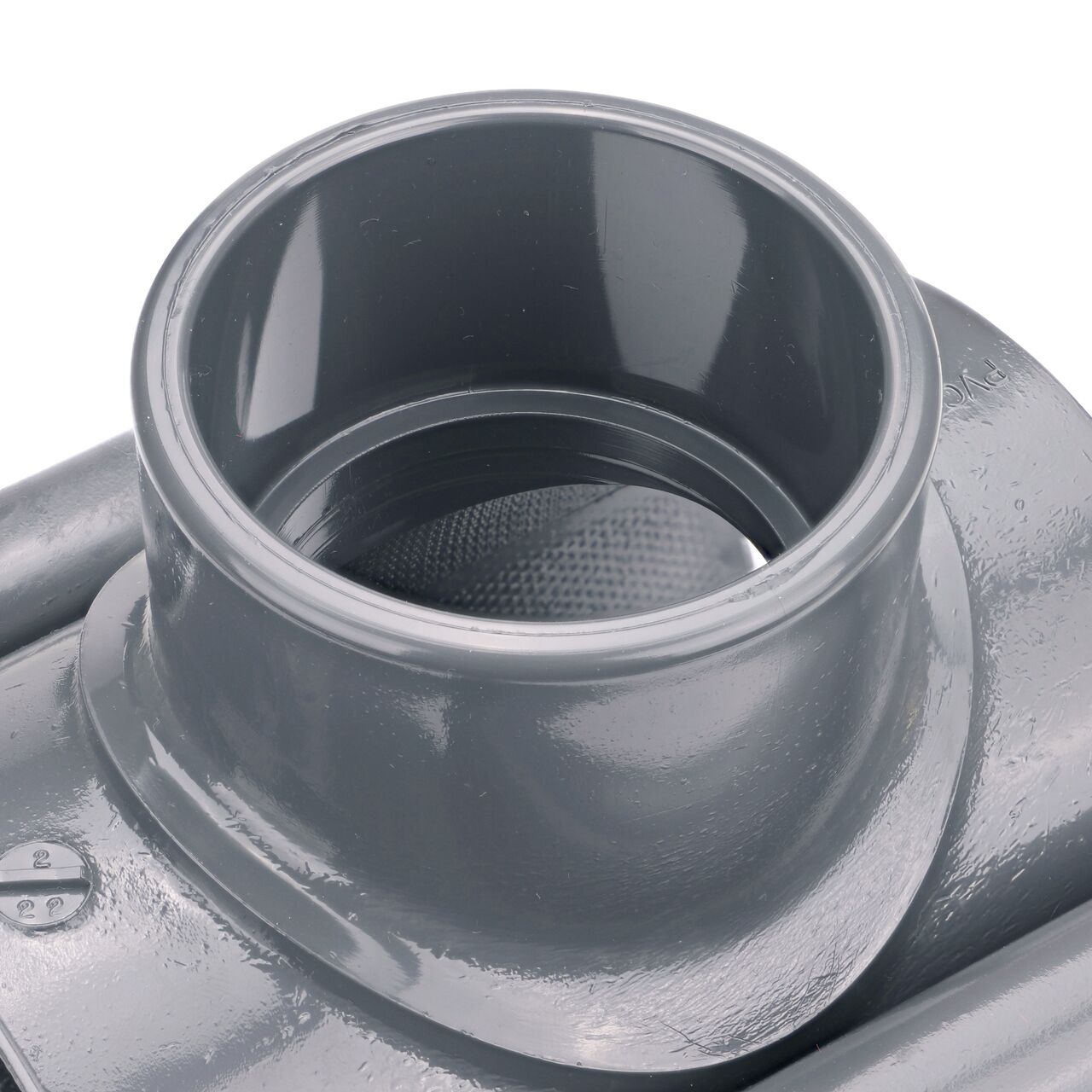 Closeup of the 1-1/2 in. FPT connection on the NDS Clamp-It™ Rigid PVC Saddle (NDS 443015) for 3 in. PVC pipe