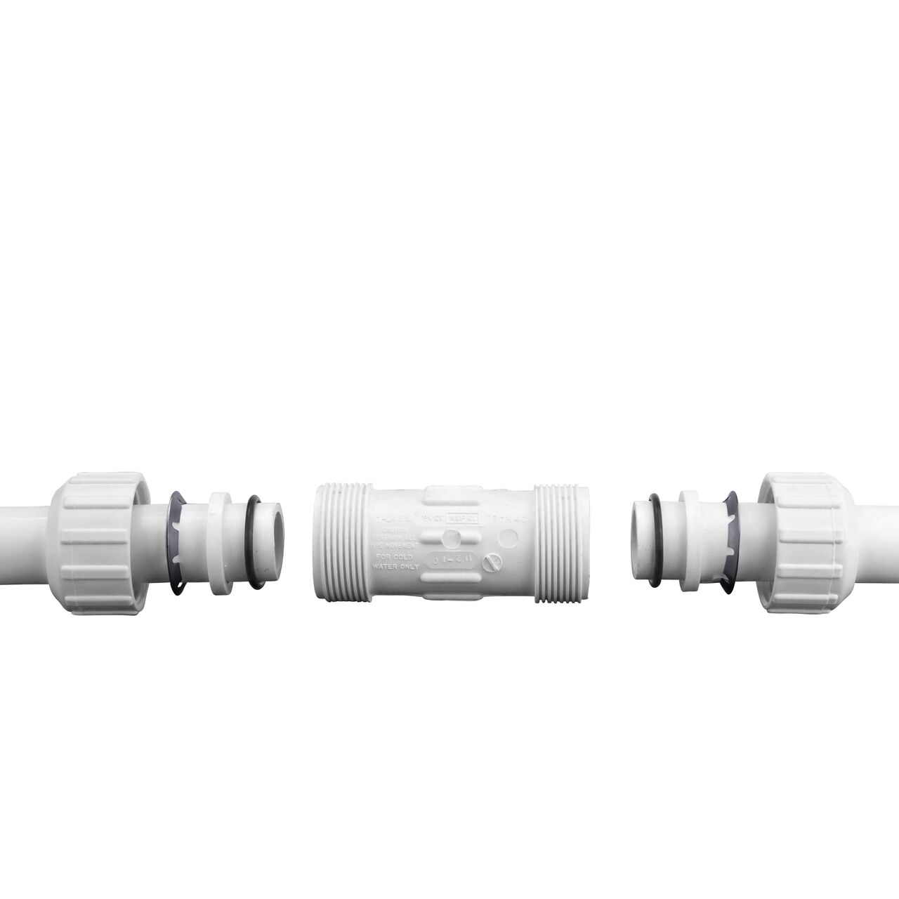 Exploded view on a 1 in. Schedule 40 Pipe showing all the components of the NDS 1 in. Flo-Lock™ PVC Gripper Coupling (NDS, 112-05, NDS 112-07, NDS 112-10)