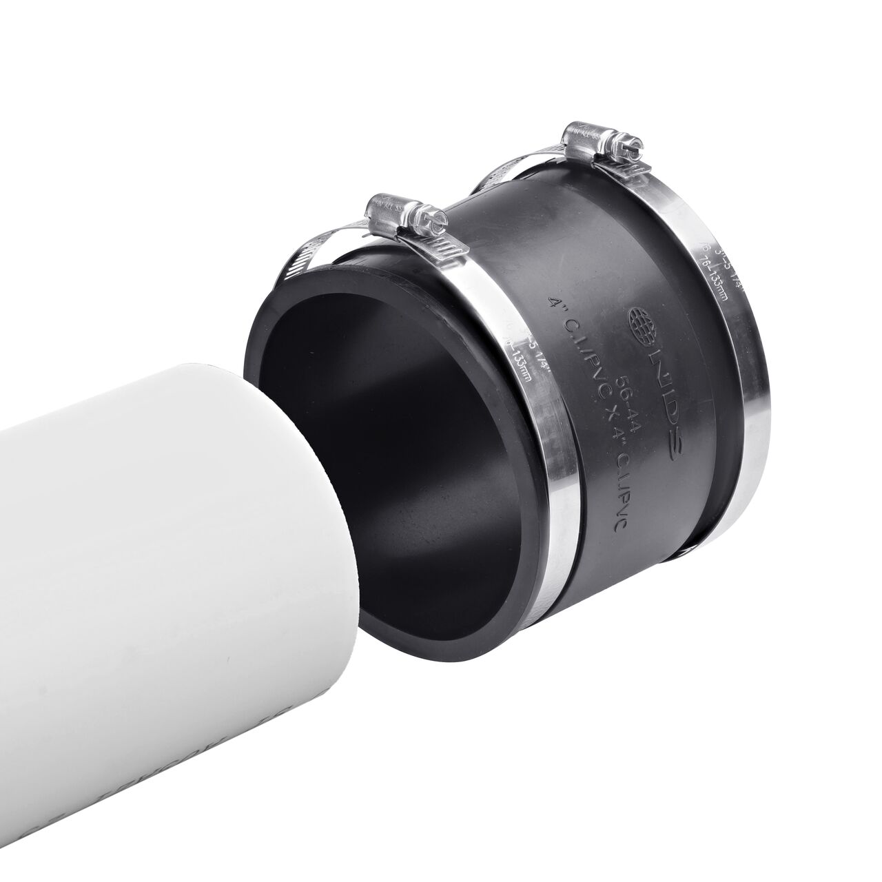 The NDS 4 in. flex coupling installation step shows how to loosen the band to form a positive seal against infiltration and exfiltration in non-pressure environments (NDS 56-44)