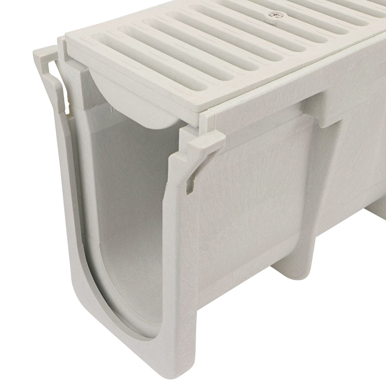 Closeup groove (female) side of the NDS 8.37 in. to 8.70 in. Deep Dura Slope Channel (NDS DS-104) with the Standard Duraslope Light Gray Grate installed (NDS 661LG)