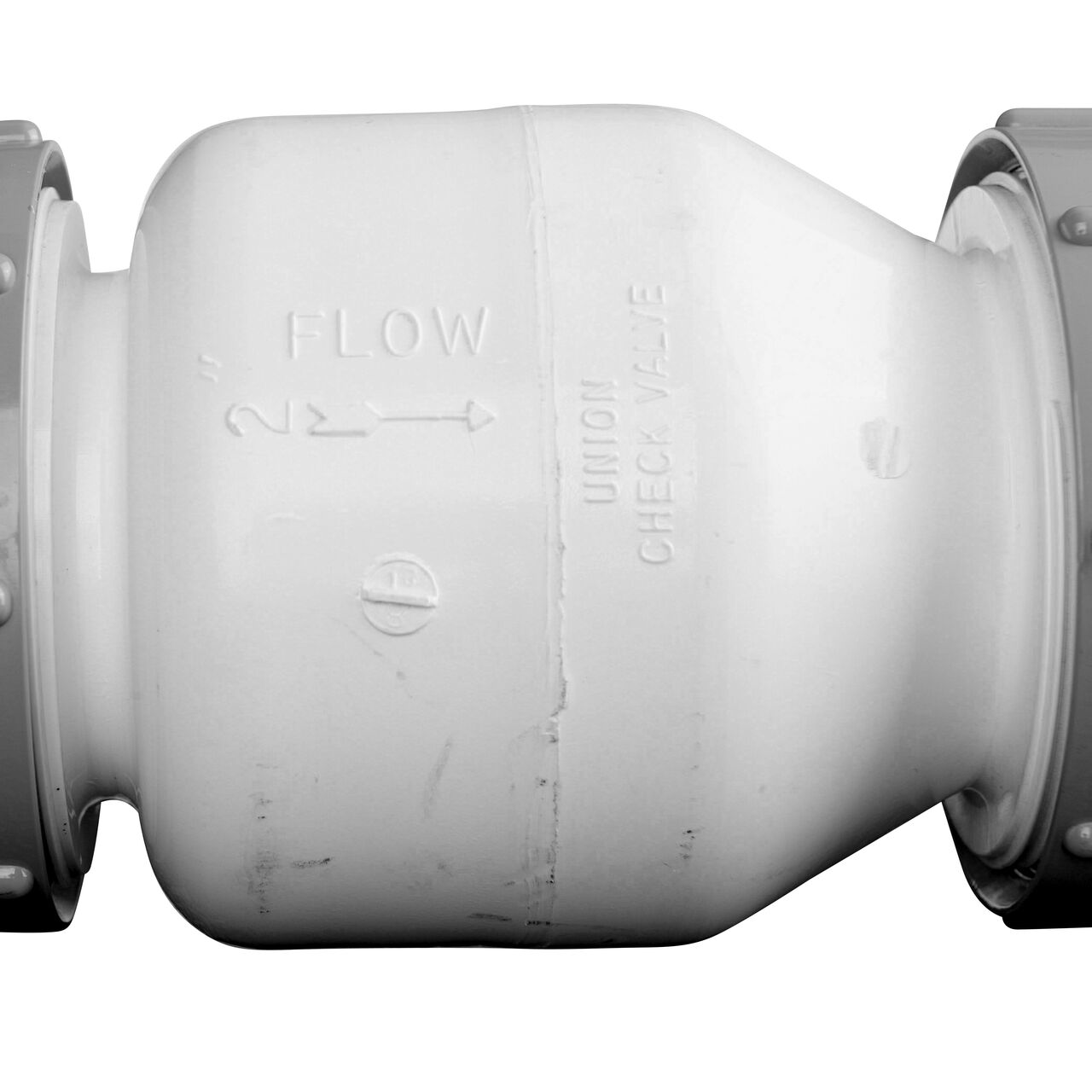 Closeup of the arrow showing water flow on the NDS White 2 in. slip end by slip end PVC True Union Spring Check Valve with 1/2 lb. Spring (NDS 1700-20)