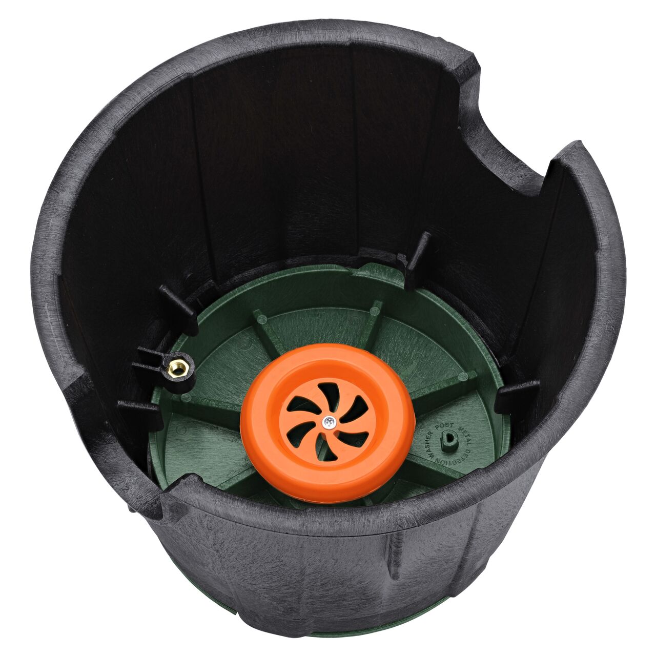 Upside down view of how the lid looks within the box with the fully installed electronic marker disc on the NDS 10 in. Round Pro-Spec® Series Telecom Box and Cover (NDS 311BCBT-M) which gives fiber optic cables and splices a clean and secure environment