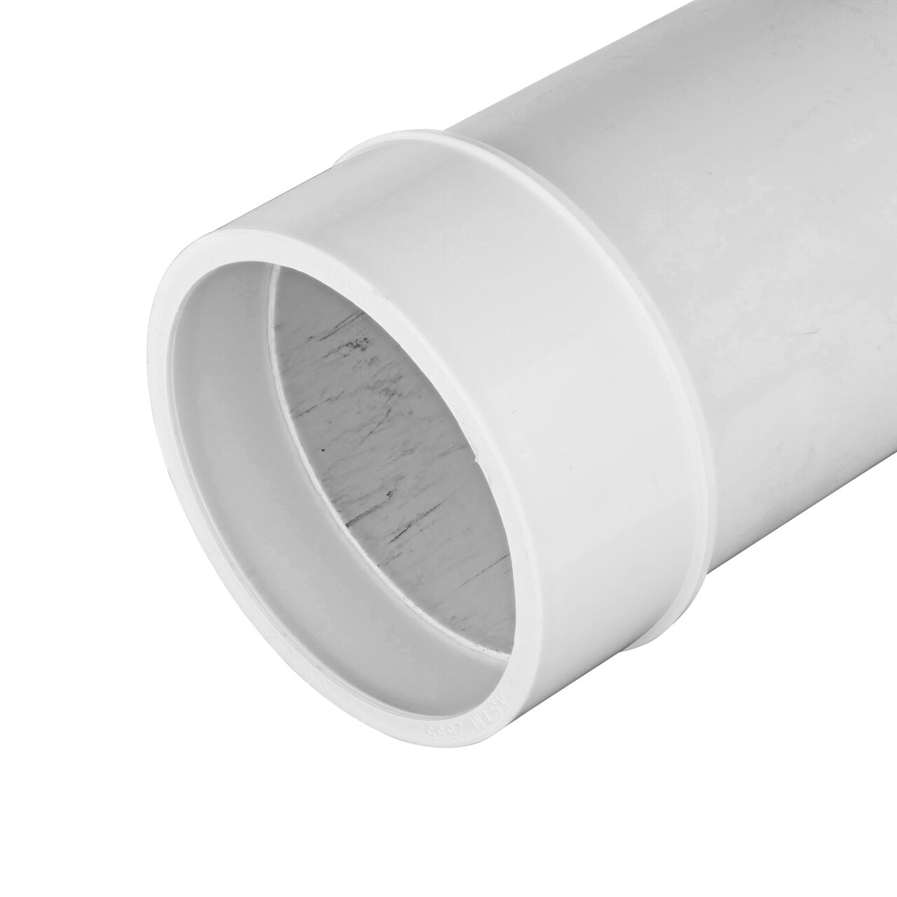 The 4 in. PVC S&D Adapter Bushing with a 4 inch sewer and drain pipe attached (NDS 2P42)