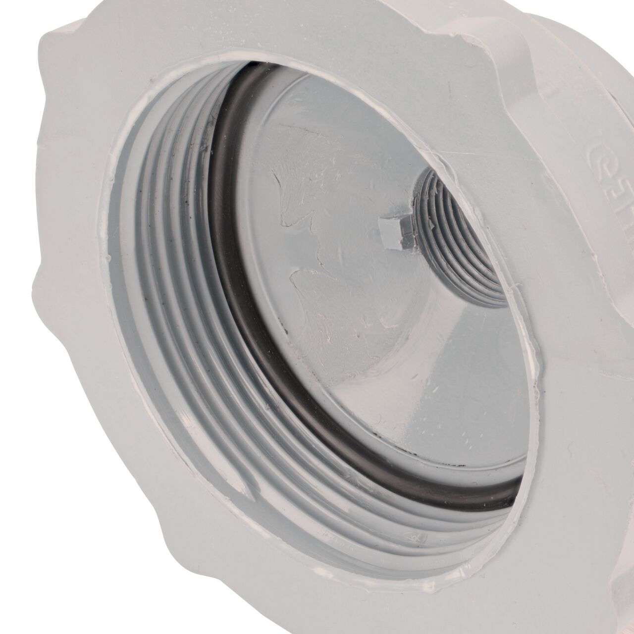 Closeup of the NDS Gray 2-1/2 in. FPT X 3/4 in. FPT Fire Hydrant Cap (NDS 23-25T) which blocks debris from entering outlets