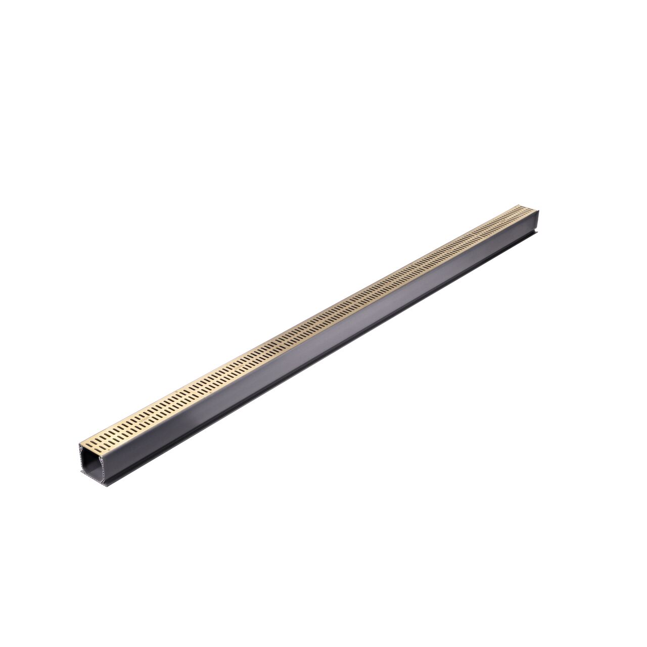 Two Satin Brass Metal Mini Channel™ Drain Grates (NDS 552B) as they fit on one Mini Channel™ Drain (NDS 500)