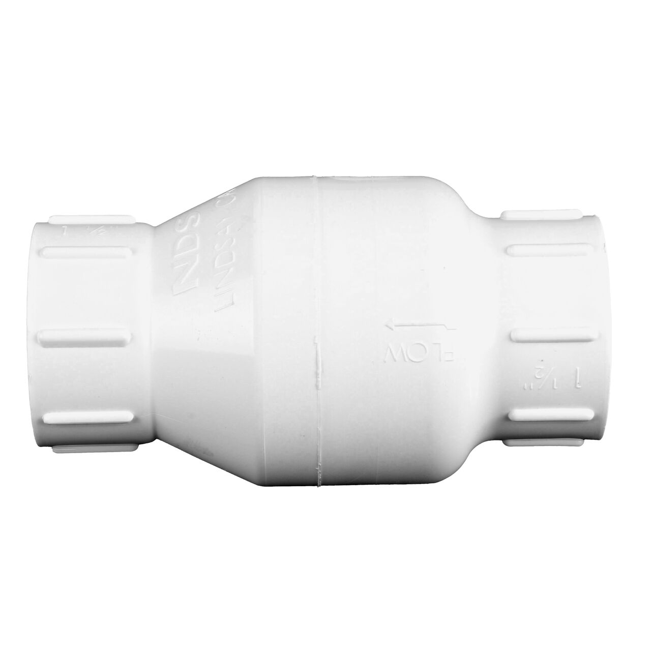 Side to side view of the NDS 1-1/2 in. White PVC Spring Check Valve (NDS 1001-15, NDS 1002-15)