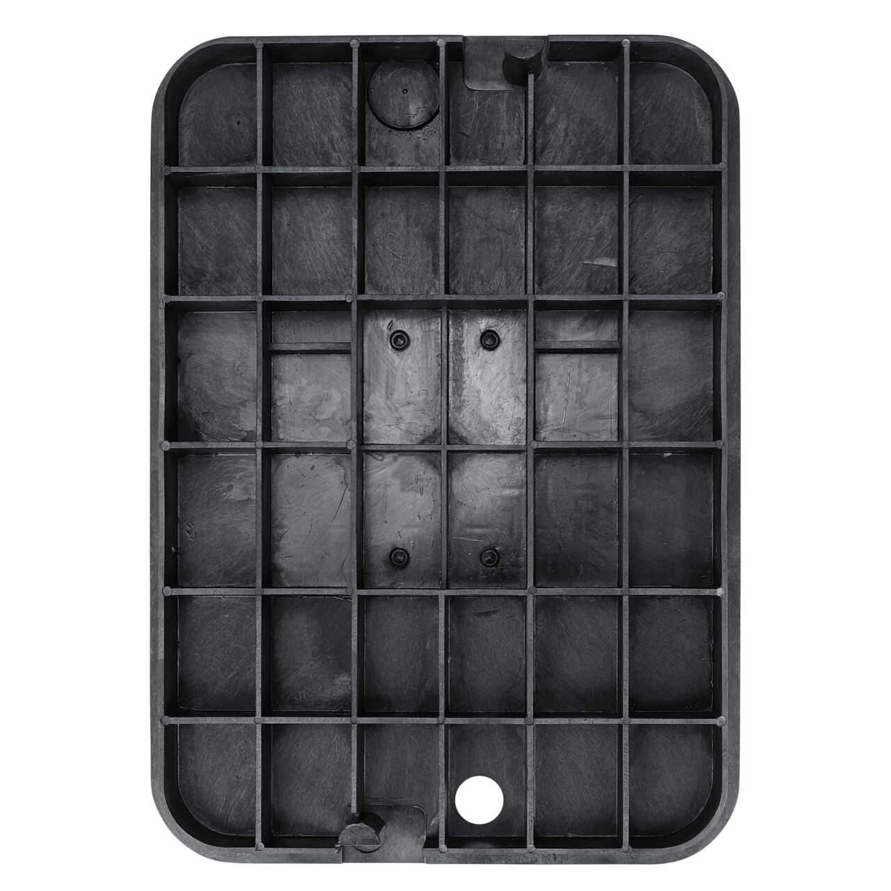 Top down view of the underside of the Black Water Meter cover (NDS D1500-OLSBL) for the NDS 13 X 20 in. Rectangular Standard Series meter box showing reinforcing ribs that help support pedestrian and lawn care equipment