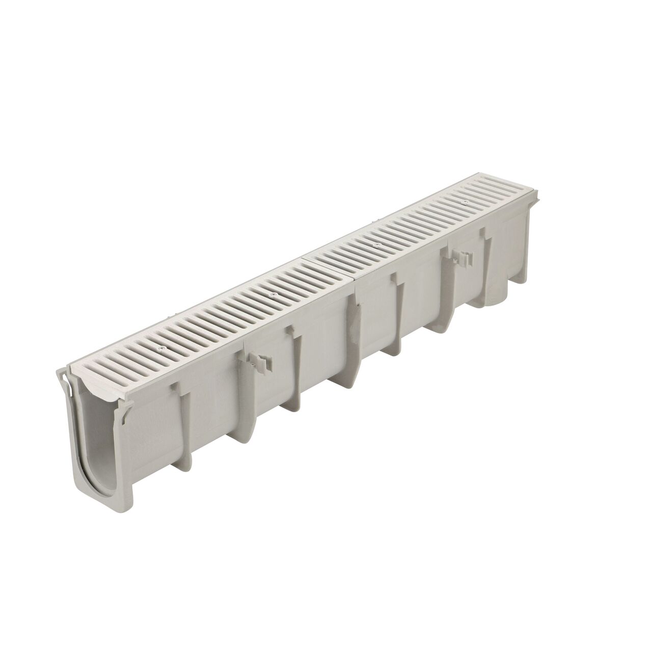 The NDS 8.37 in. Deep Dura Slope Channel Drain (NDS DS-103N) with two Standard Dura Slope Light Gray Grates installed (NDS 661LG)