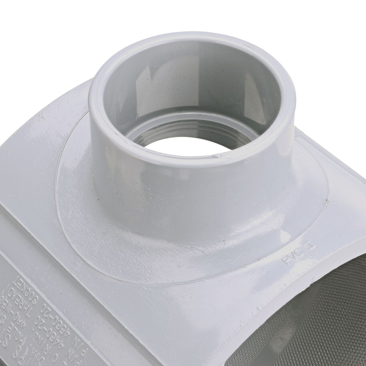Closeup of the 1-1/2 in. slip connection on the NDS Clamp-It™ Rigid PVC Saddle (NDS  456015) for 6 in. PVC pipe