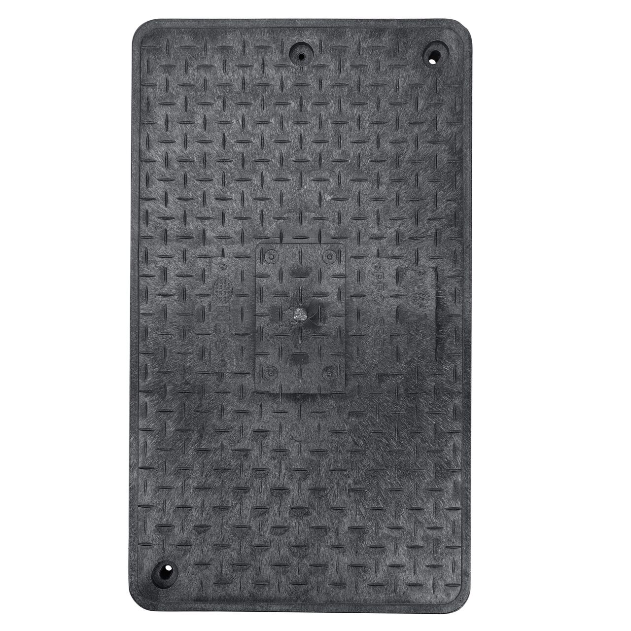 Top down view of the top side of the Black Water Meter cover for the NDS 17 in. X 30 in. Rectangular Pro Series Meter Box (NDS 124BCDWB) showing the Black Water Meter markings