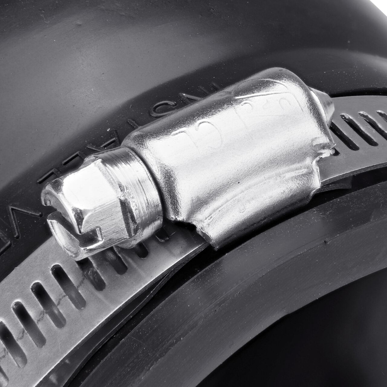 Closeup view of the NDS 3 in. flexible expansion joint showing the tightening clamp that secures flex expansion joint onto pipe (NDS XJ3)