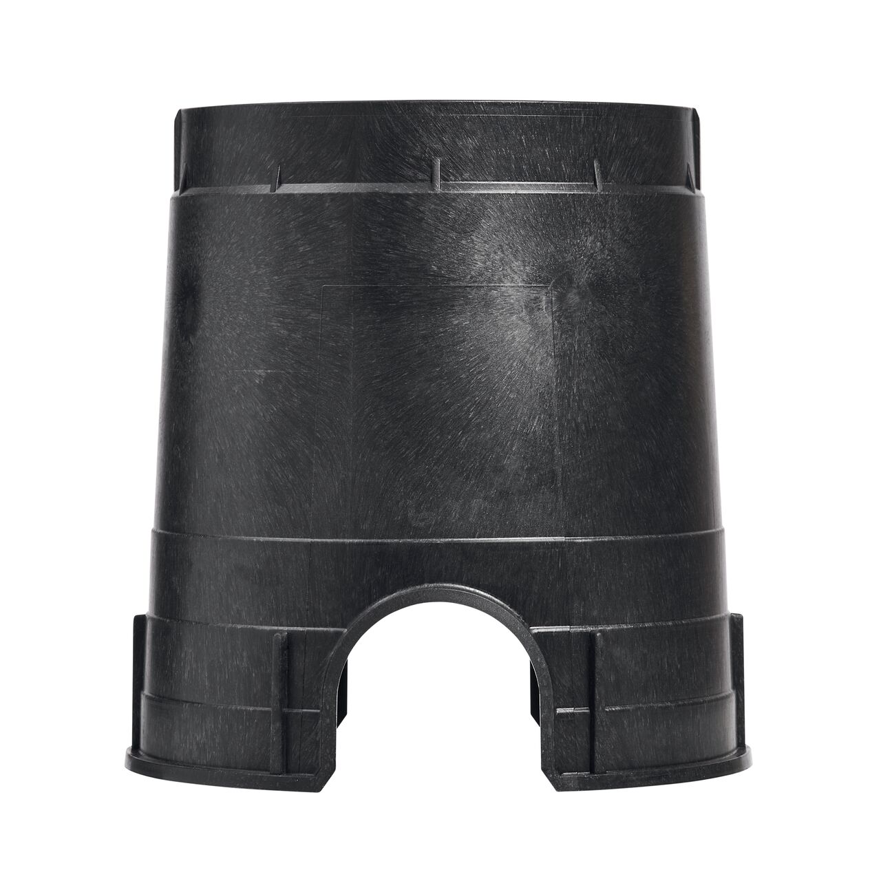 Side view of the pipe hole side on the NDS black plastic 6 in. Round Standard Series Valve Box (NDS 2107B) showing both pipe holes available to connect valves to your irrigation system