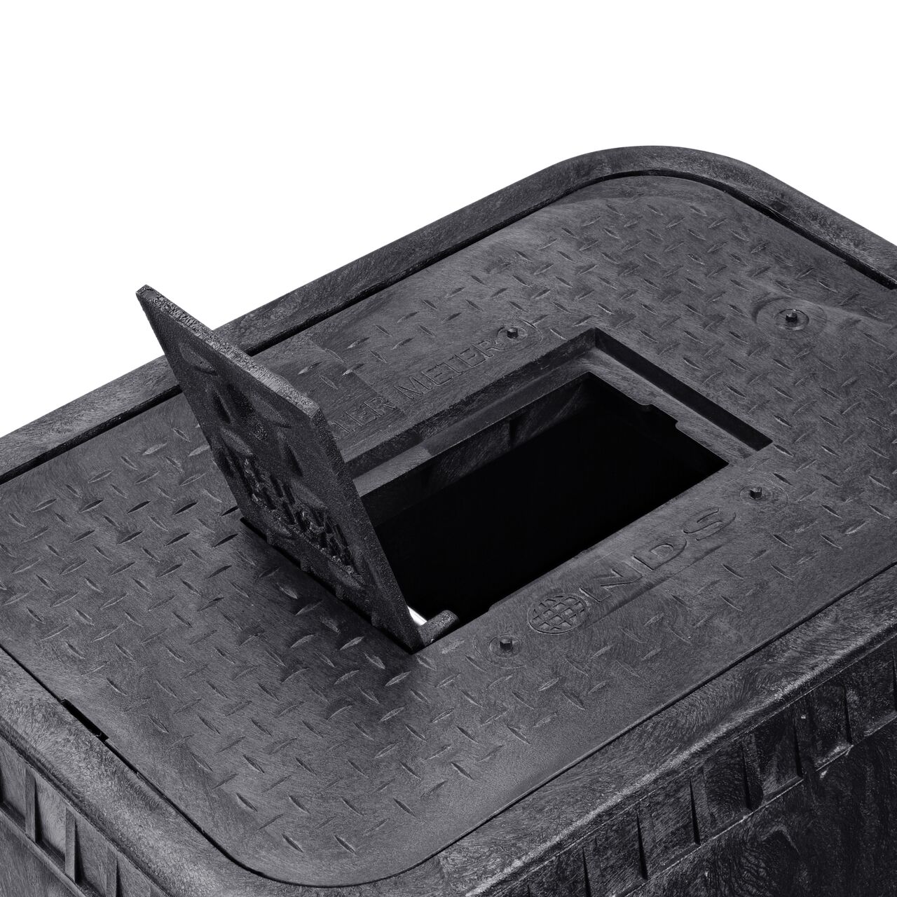 Closeup view of the hinged side of the Cast iron reader door on the NDS 14 in. X 19 in. Rectangular Standard Series Meter Box & Water Meter Cover (NDS D1800-DICIR)