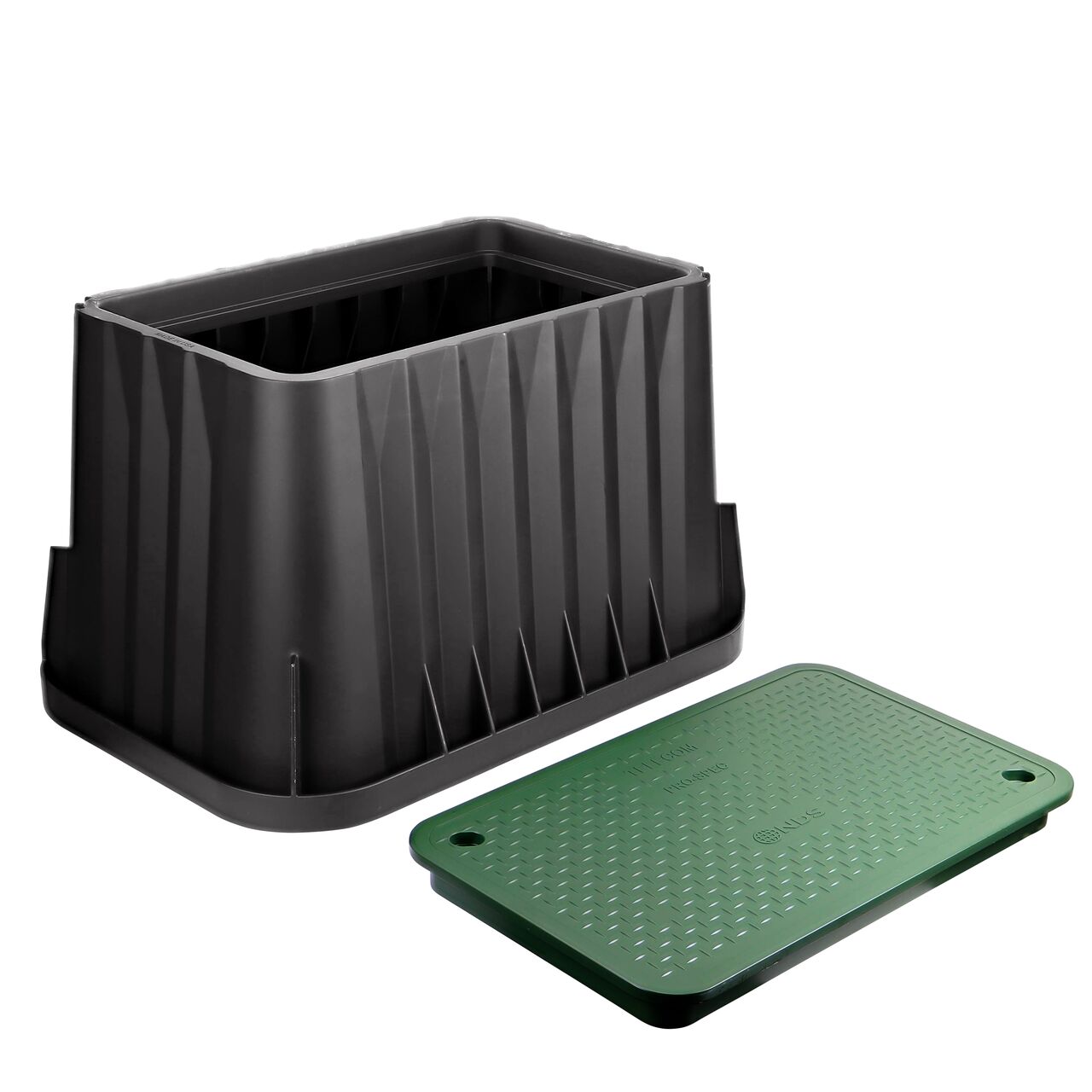 Unassembled View of the NDS 17 in. X 30 in. X 24 in. Black Rectangular Pro-Spec® Series Telecom box, bolts, and Green Telecom cover (NDS 327BCBT)
