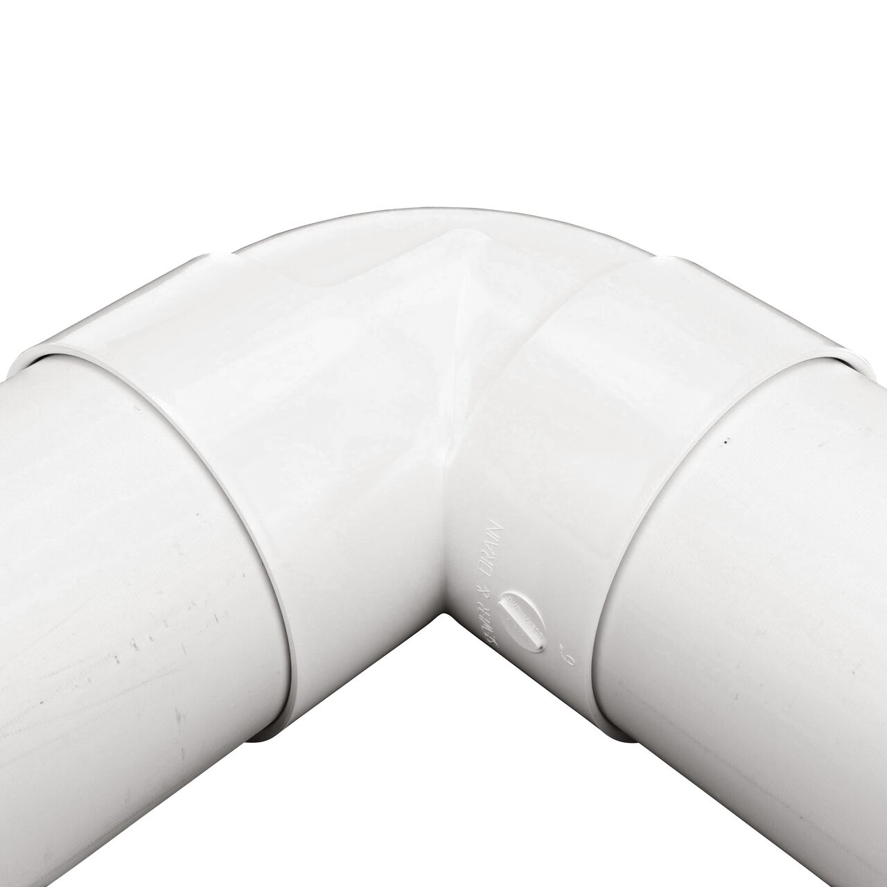 End to end vertical side view of the NDS 6 in. PVC Sewer and Drain 90° Elbow (NDS 6P02)