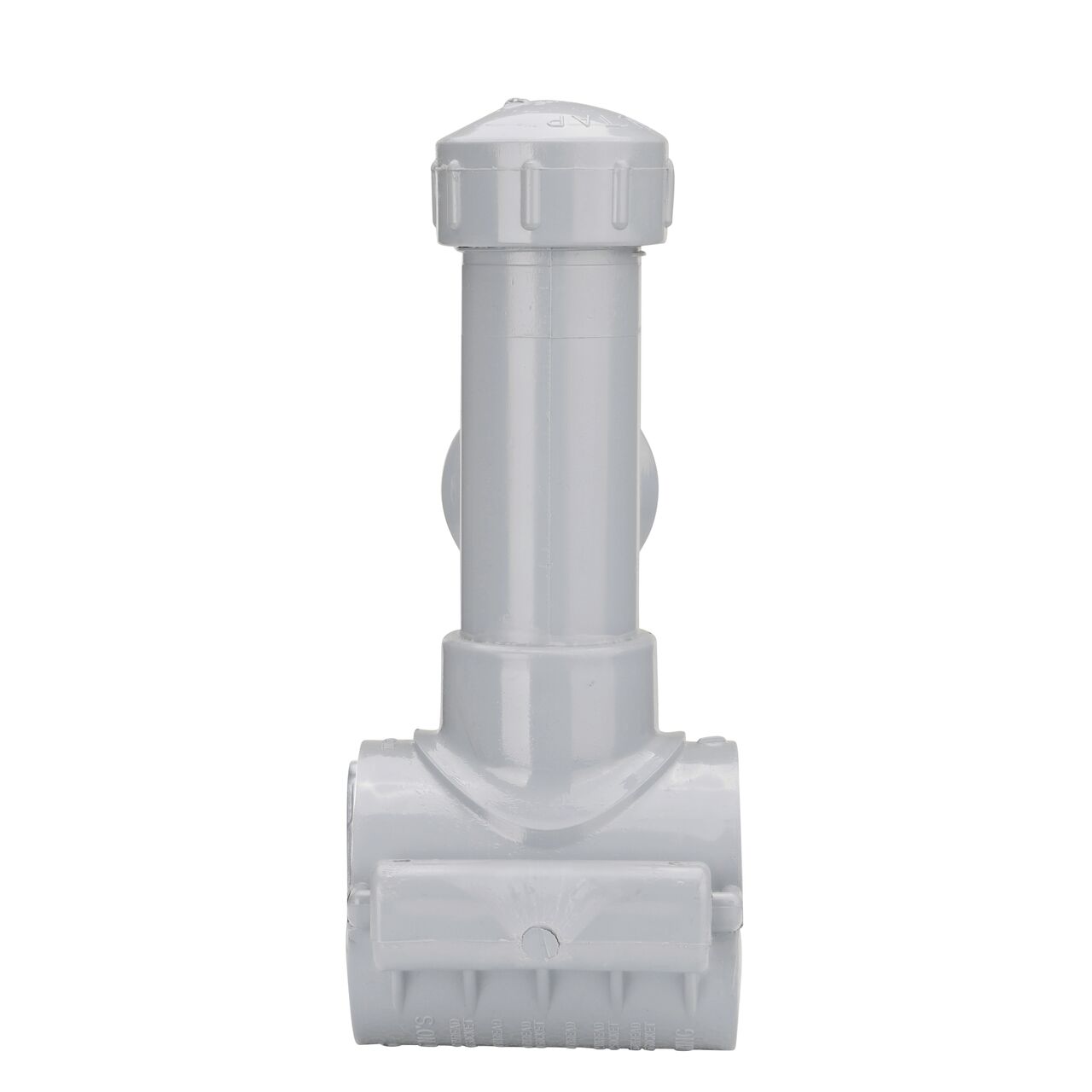 Side view showing hinged side of the 2-1/2 in. NDS Flo-Tap™ Rigid PVC Saddle with a 1-1/2 in. Socket or 2 in. spigot connection on top (NDS 3225)