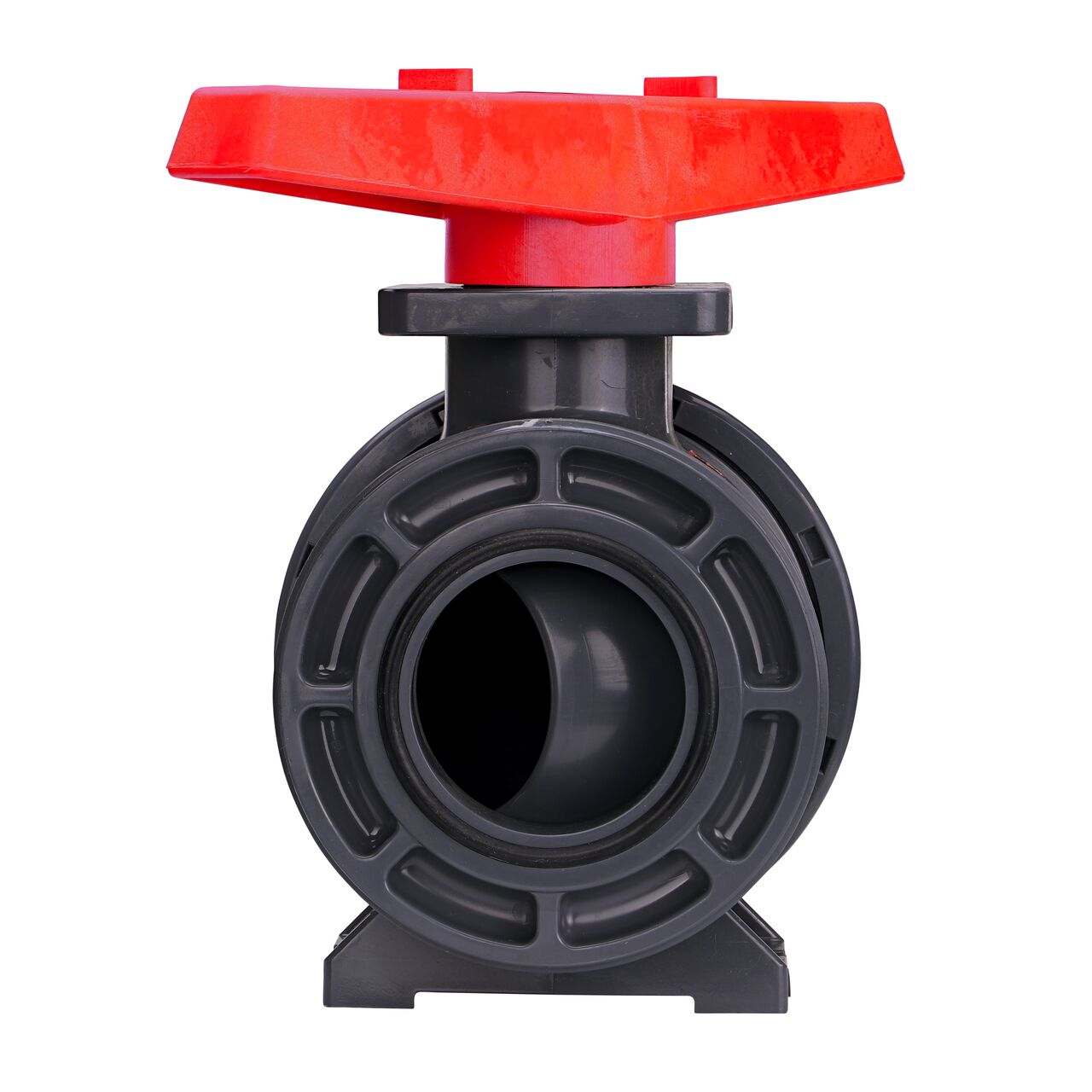 The The 2-1/2 in. PVC Slip True Union Ball Valve shown with the connection end removed and with the handle in the open position to allow water to convey through the pipe.