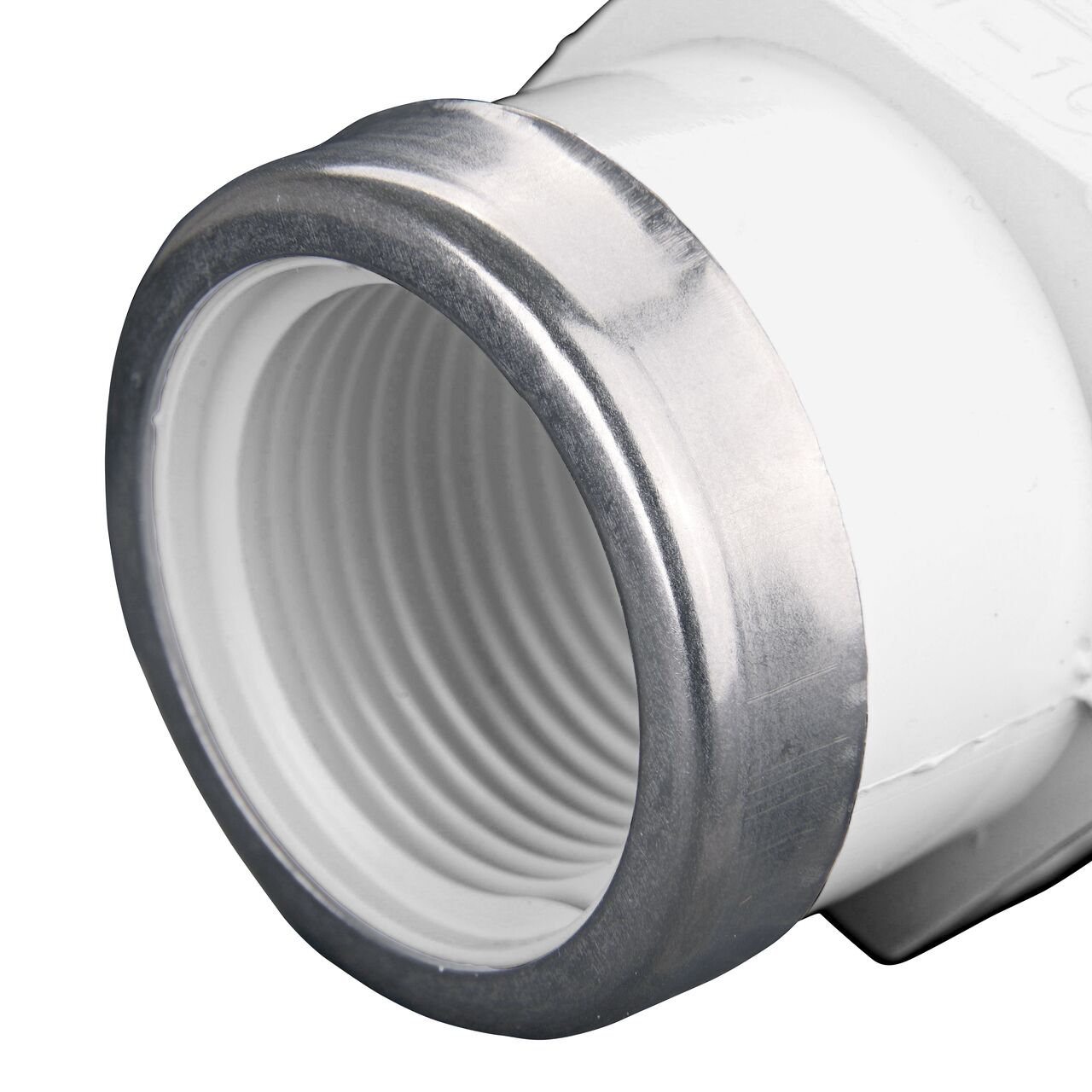 Closeup of the Threaded PVC MPT connection end on the NDS 1 1/4 in. Flo-Lock™ Gripper Adapter (NDS 730-12)
