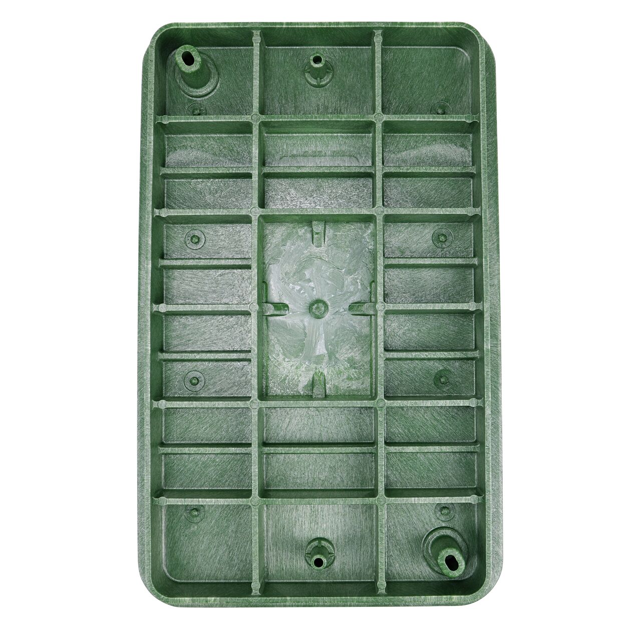 Top down view of the underside side of the Green Irrigation Control Valve cover (NDS 321BCB) for the NDS 13 in. X 24 in. Rectangular Pro-Spec® Series valve box showing reinforcing ribs that are load rated to withstand pedestrian traffic and the rigors of lawn care equipment