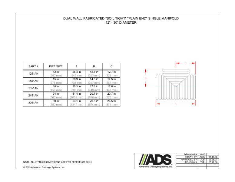 12" - 30" Fabricated Soil Tight Plain End Single Manifolds (HDPE Dual Wall Fabricated Manifolds Fittings)
