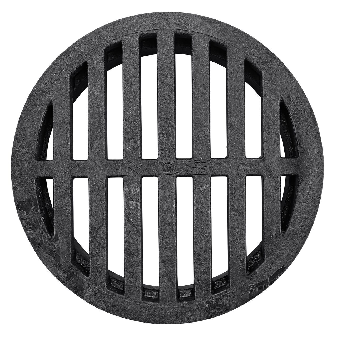 Top-down view of the NDS 4 in. Round Grate, made of black plastic (NDS 11U*)