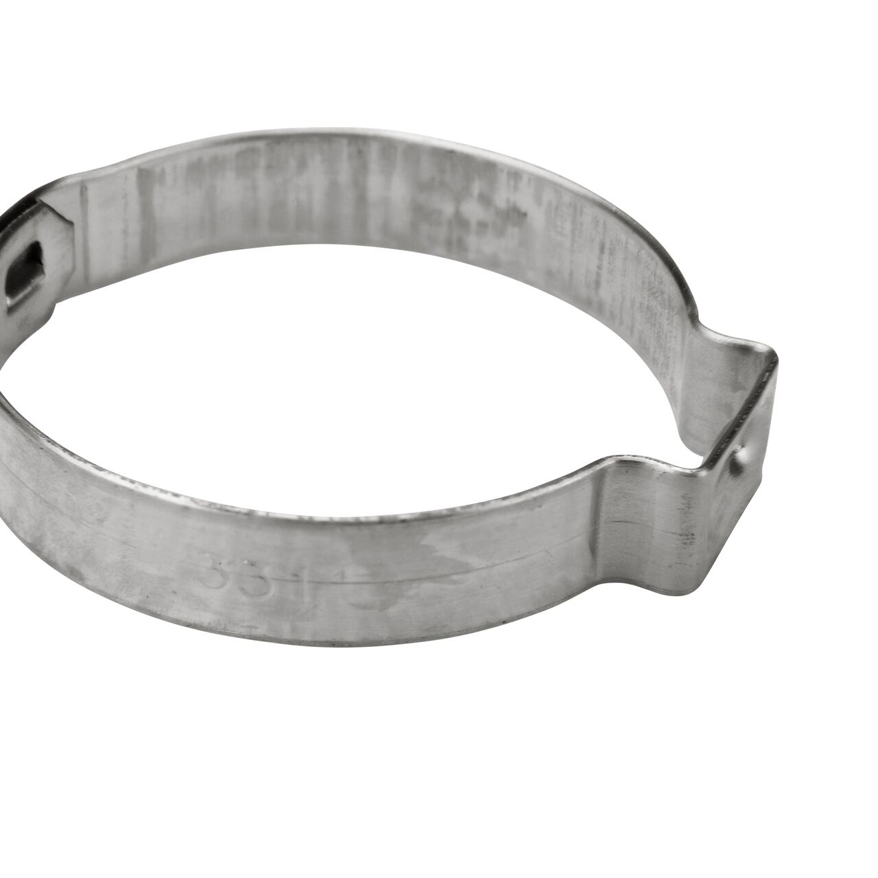 Closeup side view of the NDS 331R Stainless Steel Pinch Clamp (NDS NC-155000-020) that works with most soft hose and rigid plastic pipe to transport water and prevent leaks in pressurized systems