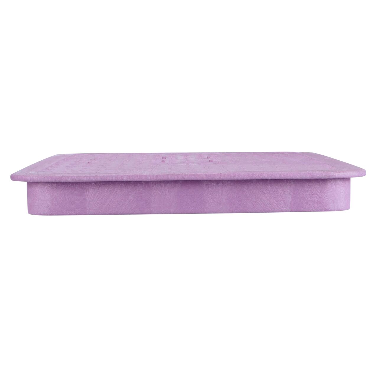 The NDS 17 in. X 30 in. Rectangular Pro-Spec® Series Purple Reclaimed Water Valve Box Cover (NDS 323CR) is an overlapping lid shown here from the side, that prevents dirt and debris from entering the valve box