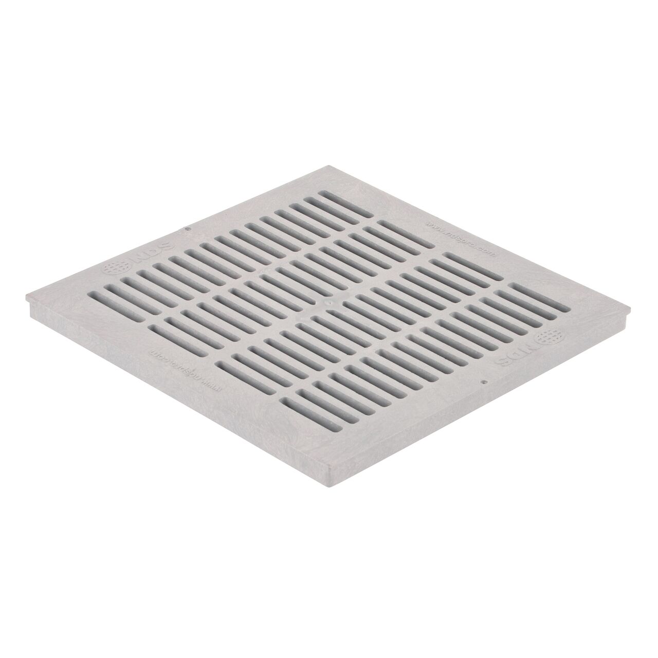 Hero shot of Gray 18 in. Square Catch Basin Drain Grate (NDS 1810) which sits on 18 in. catch basin (NDS 1882) and drains water as it blocks pipe-clogging debris