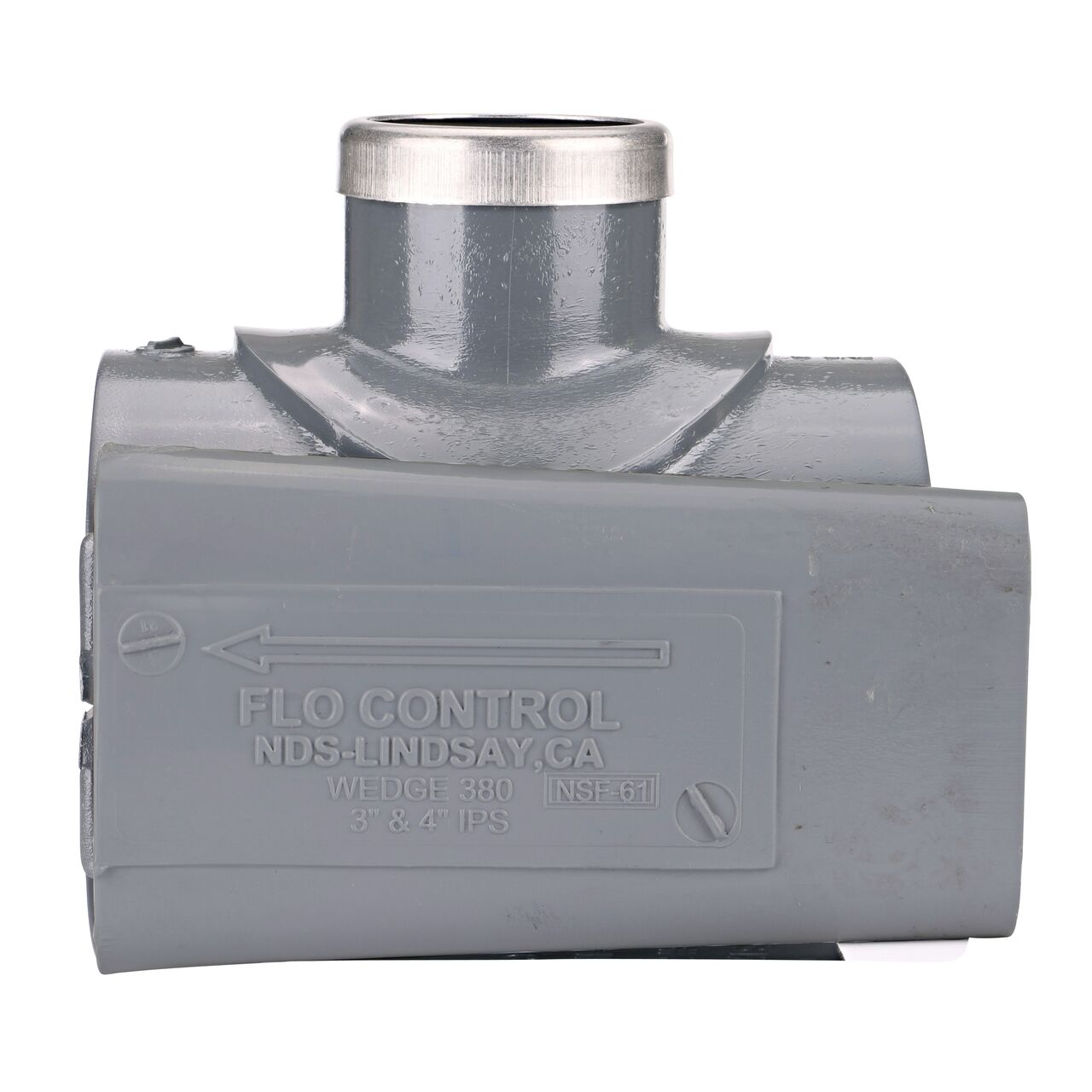Side view showing patented wedge design in locked position on the NDS Clamp-It™ Rigid PVC Saddle with 1-1/4 in. FPT connection on top (NDS 443012) for 3 in. PVC pipe