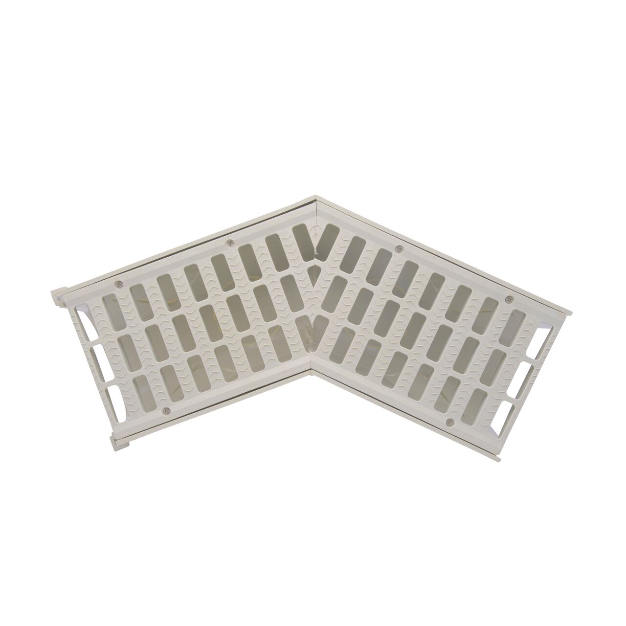 Top down view of the NDS 5 in. Pro Series Deep Profile Channel Drain and Grate with 45° Elbow (NDS 862)