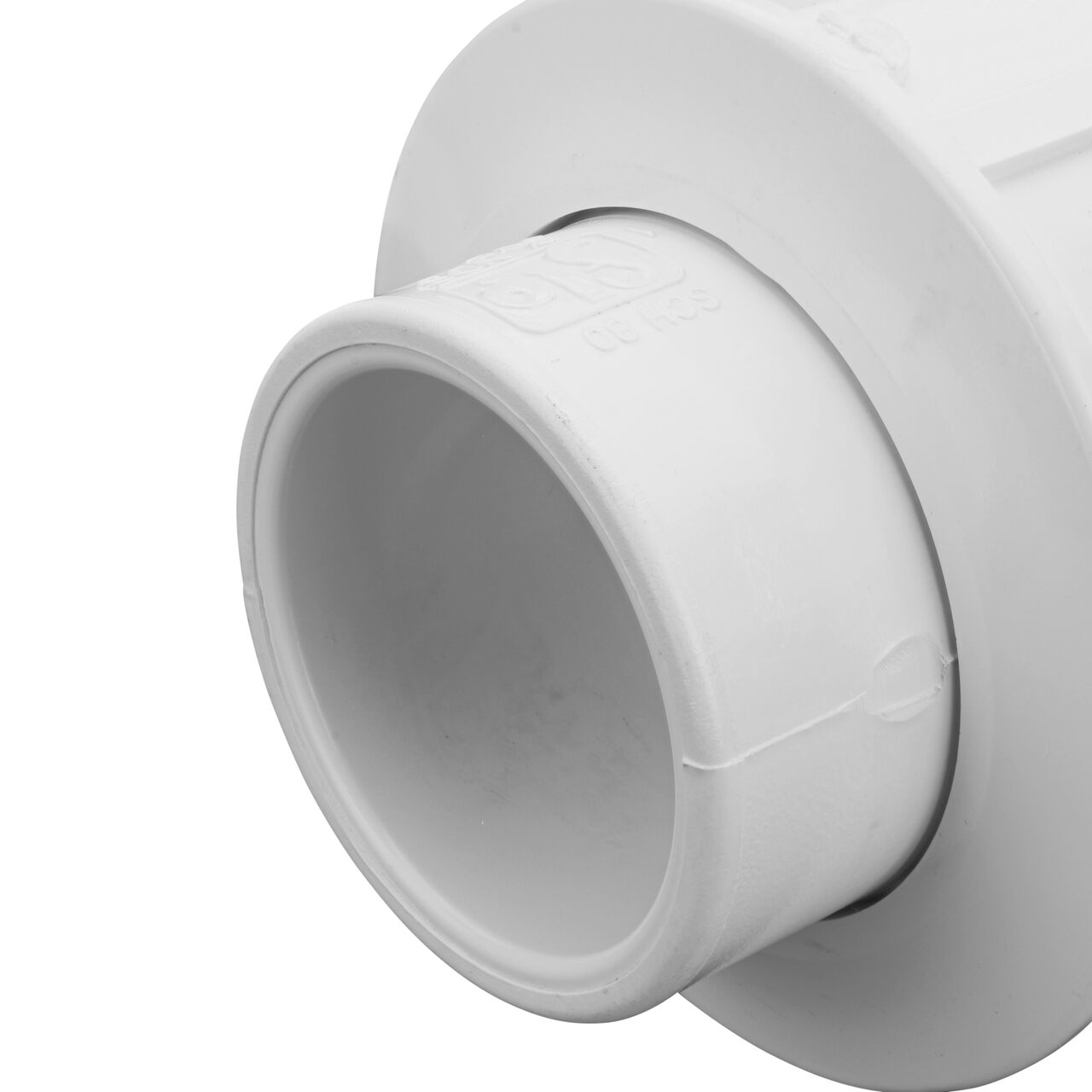 Closeup view of the other slip end on the PVC Union, 1-1/2 in. Sch. 40 S X S (NDS WU-1500-S) which provides a corrosion-free connection between pipes and prevents costly property damage